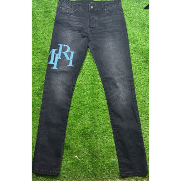 AMIRI Men’s Skinny Jeans 34 Black Wash Blue AMIRI Logo Patch Left Thigh Designer - Picture 1 of 7